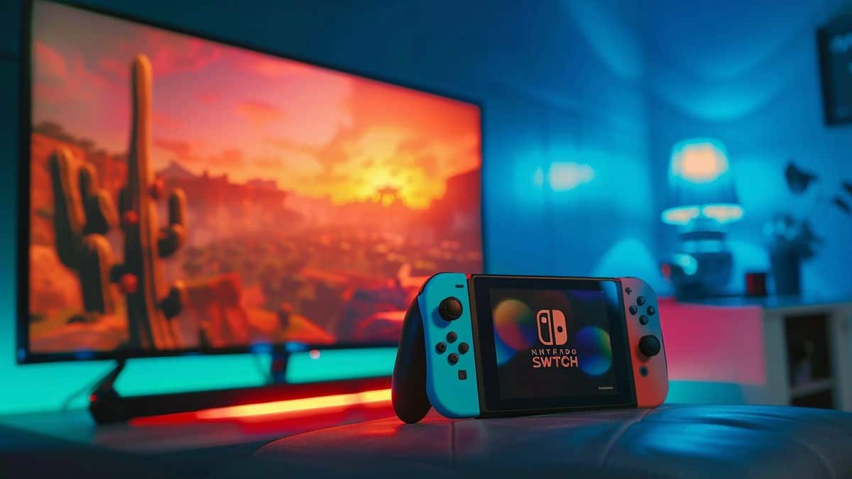 Nintendo Switch docked, connected to TV with vibrant game displayed.