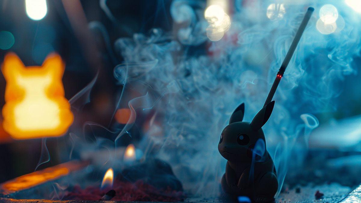 Closeup of incense stick emitting smoke with Pokémon silhouettes in the background.