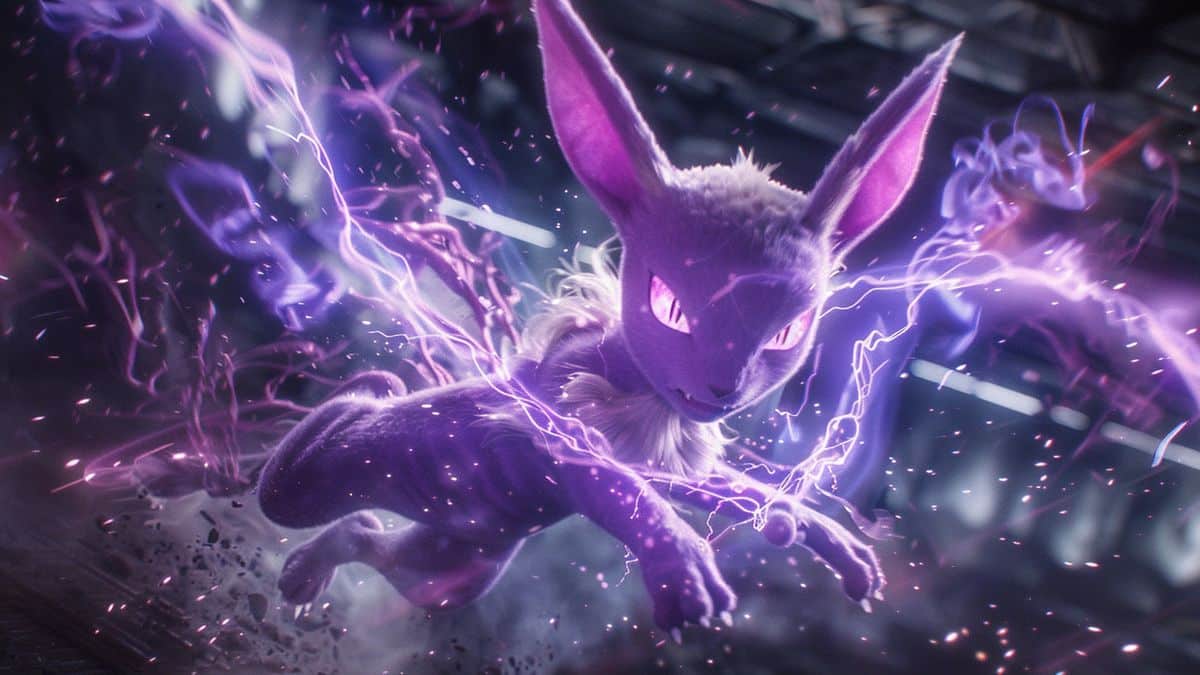 Espeon lancia un attacco psichico, dominando un Pokémon di tipo combattimento.