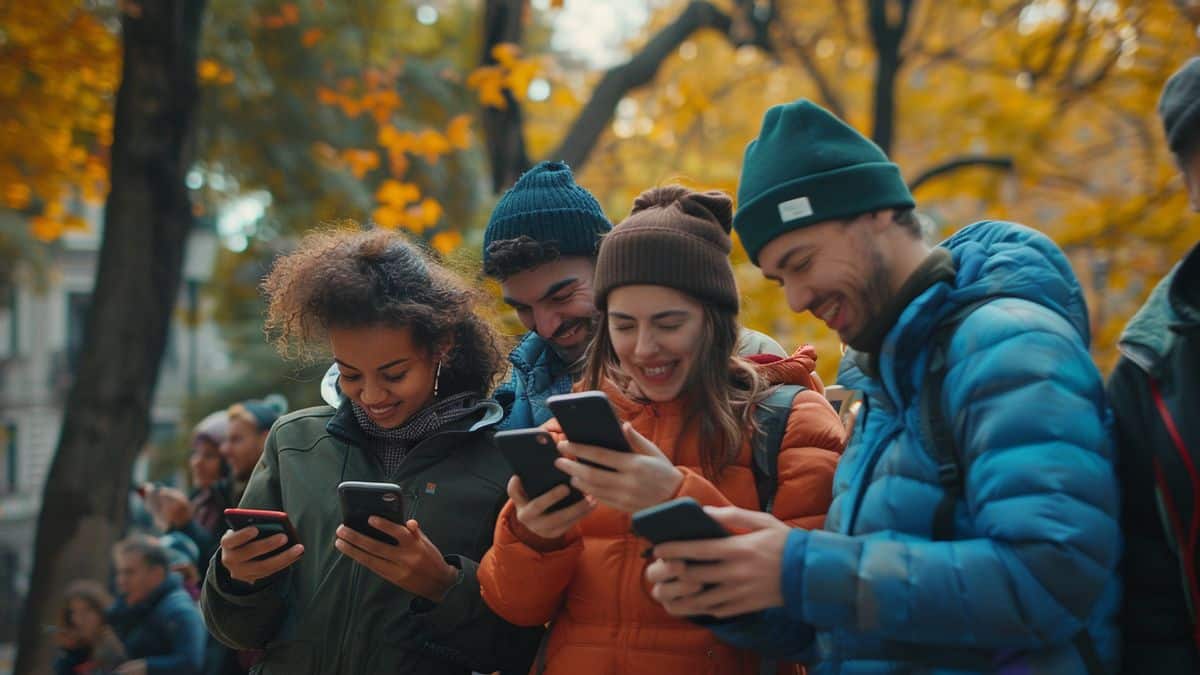 Gruppo di persone riunite in un parco, tutte guardando i loro telefoni, sorrisi ed eccitazione visibili.