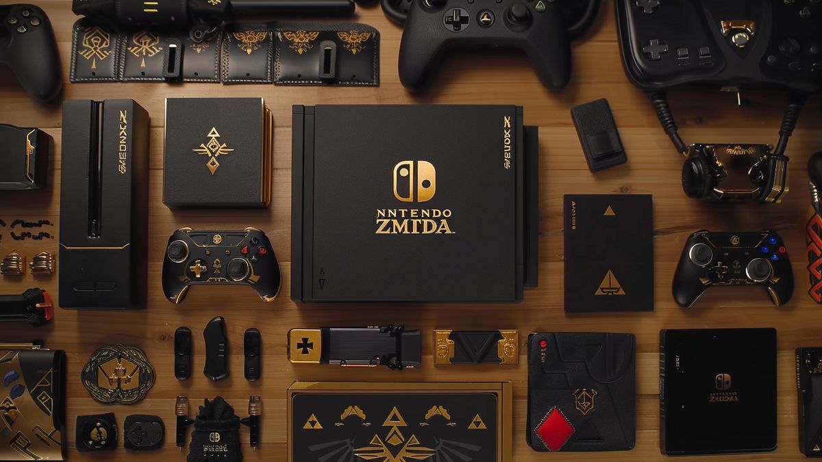 Unboxing de la consola Zelda de edición limitada con todos sus accesorios únicos dispuestos meticulosamente.