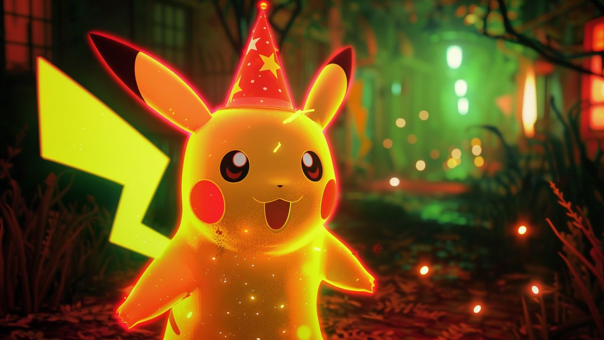 Double XP glowing above a captured Pikachu with a party hat.