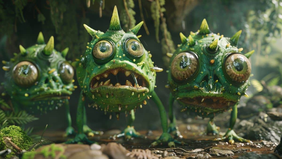 Closeup of green creatures in a forest setting.