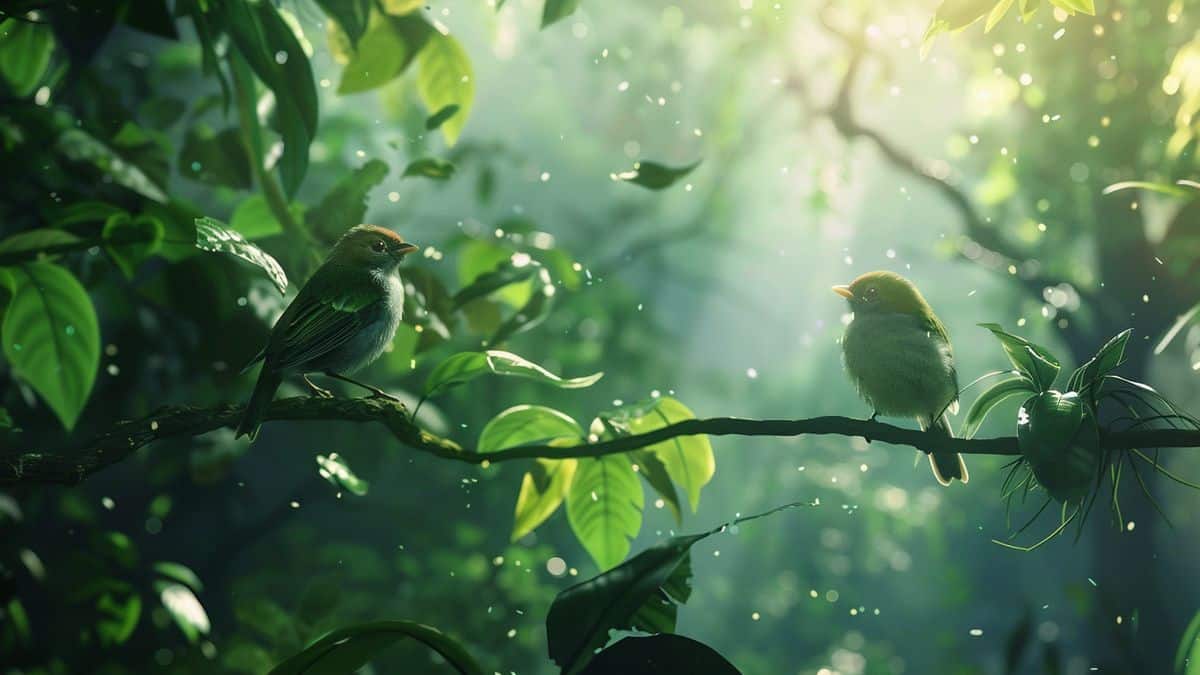 Birds perched on branches in an enchanting forest.