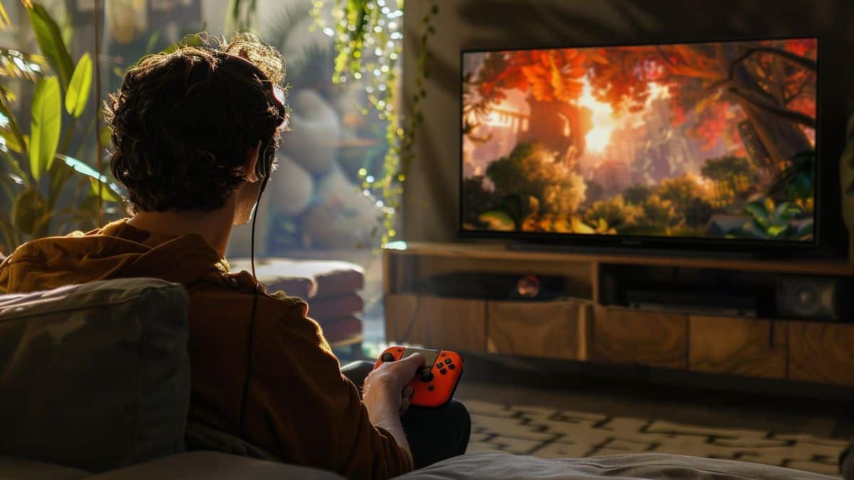 Gamers enjoying enhanced sound quality on Nintendo Switch OLED.