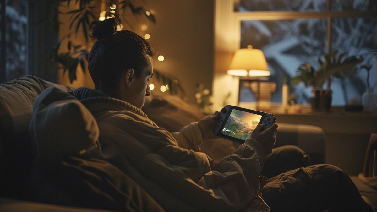 Person playing Nintendo Switch OLED in a cozy, dimly lit room.