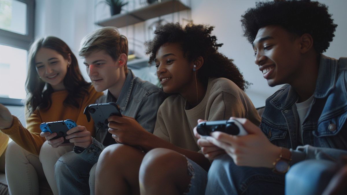 Group of friends comparing Nintendo Switch OLED and Standard during gaming session.