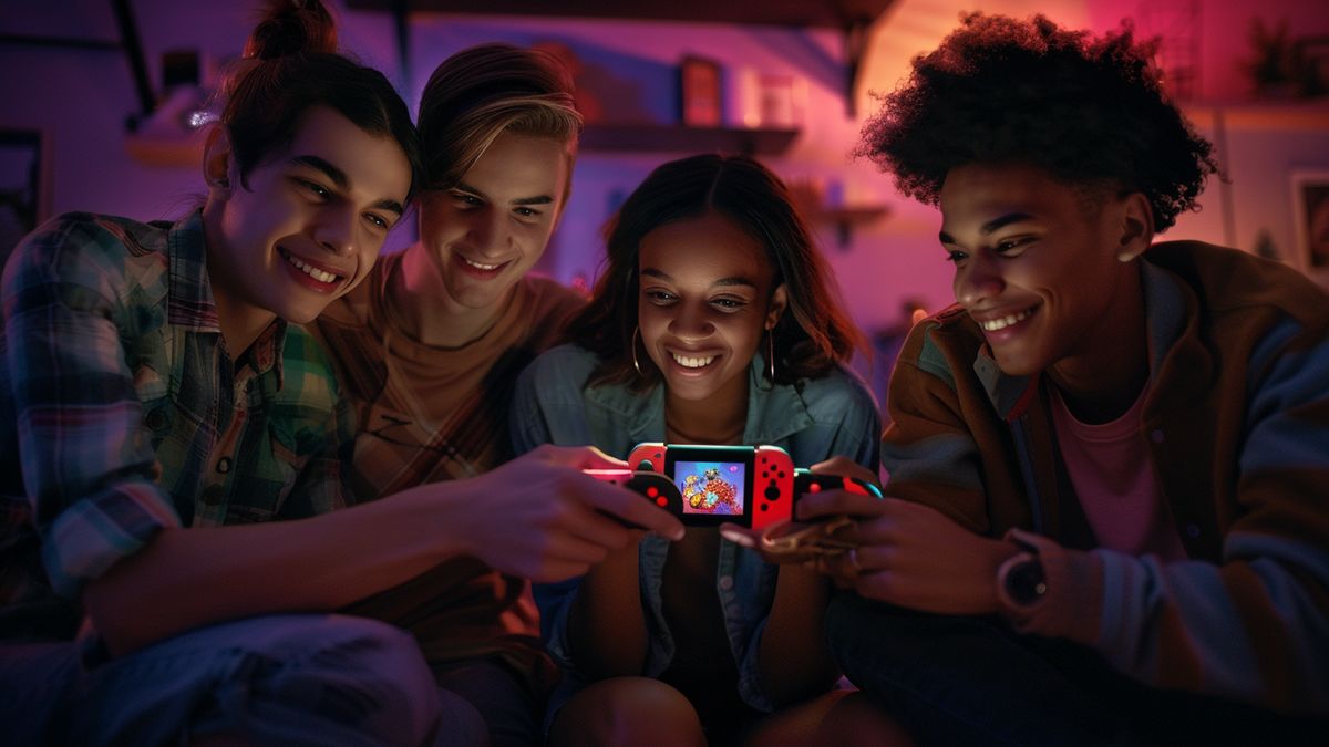 Group of friends gathered around, enjoying games on Nintendo Switch OLED.