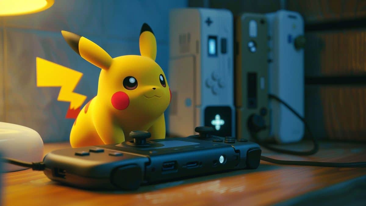 Pikachu Switch controller being charged, battery icon visible.