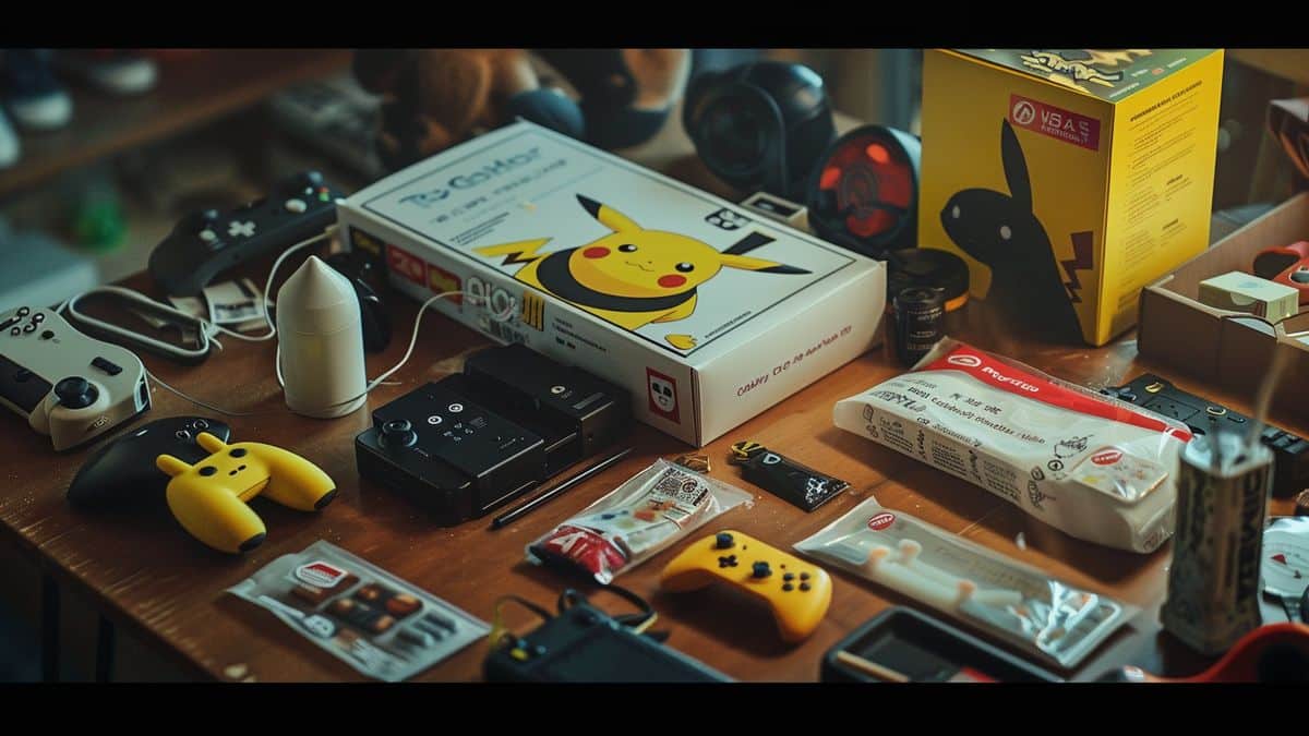 Instruction manual and packaging of the Pikachu controller spread out on a table.