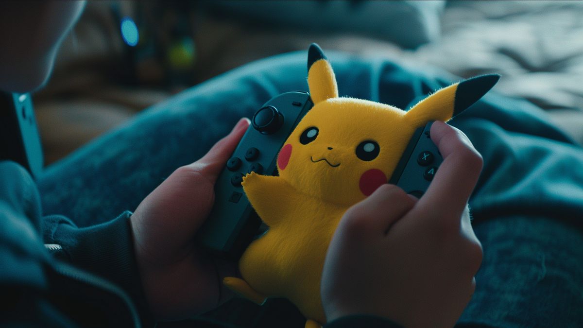 Person holding Pikachu Switch controller, deeply focused on gameplay.