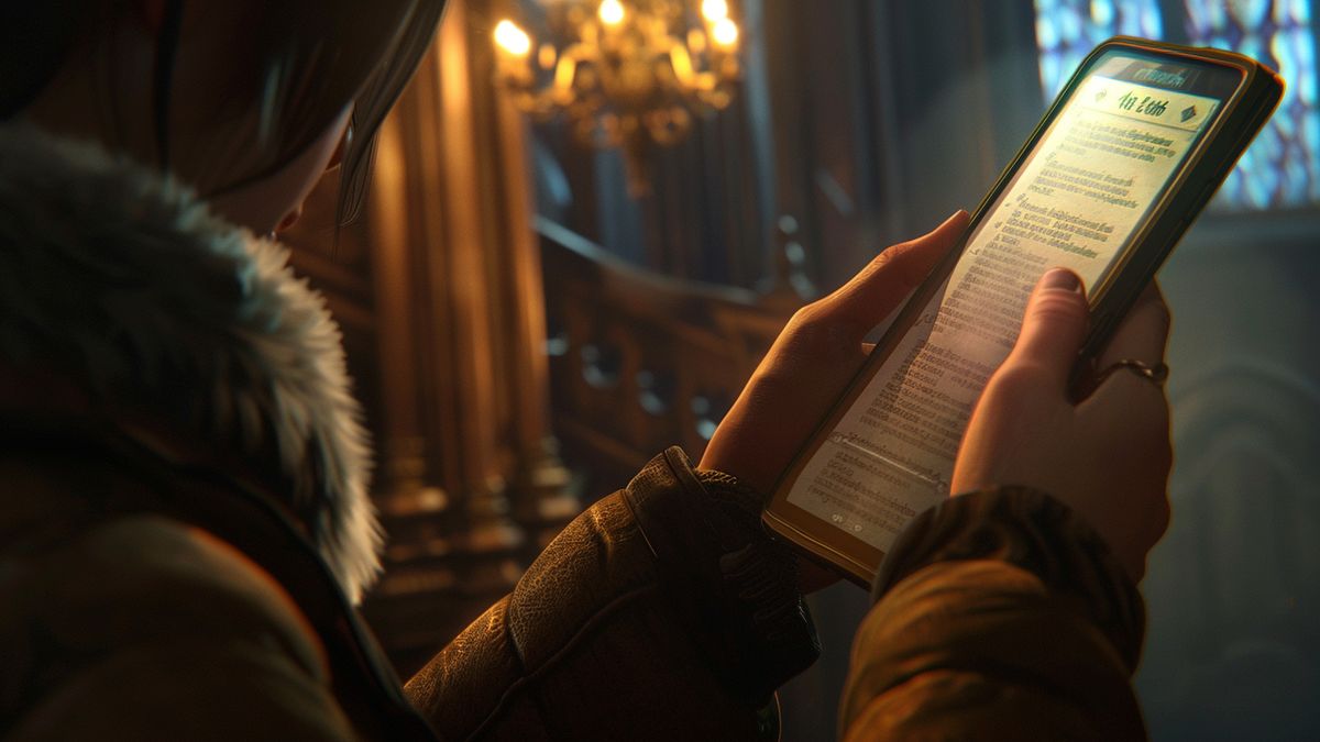 Closeup of player checking quest list on their phone.