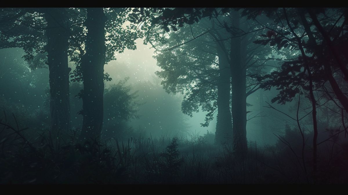 Dark forest with eerie fog and mysterious shadows lurking.