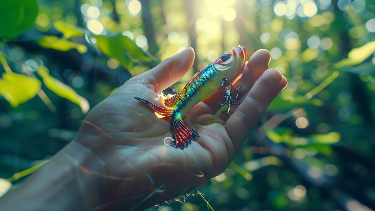 Hand holding a colorful lure module in a forest setting.