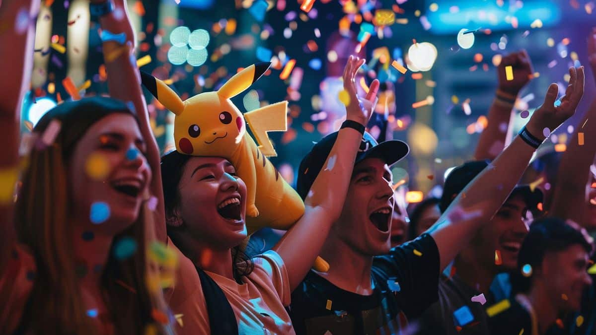 Group of Pokémon fans celebrating h anniversary at Gamescom Latam.